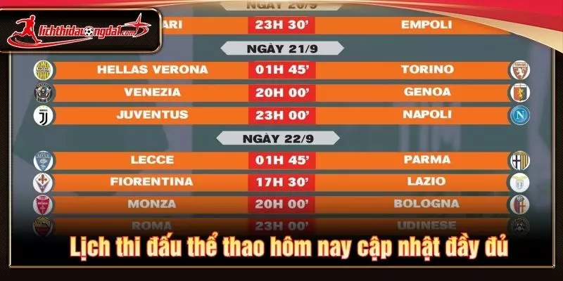 Lịch thi đấu thể thao hôm nay cập nhật đầy đủ
